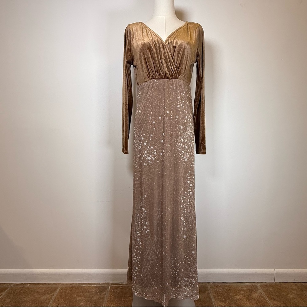 New! Long Sleeve V-Neck Brown Velvet Bodice Full Length Dress Women’s Small - Picture 2 of 12